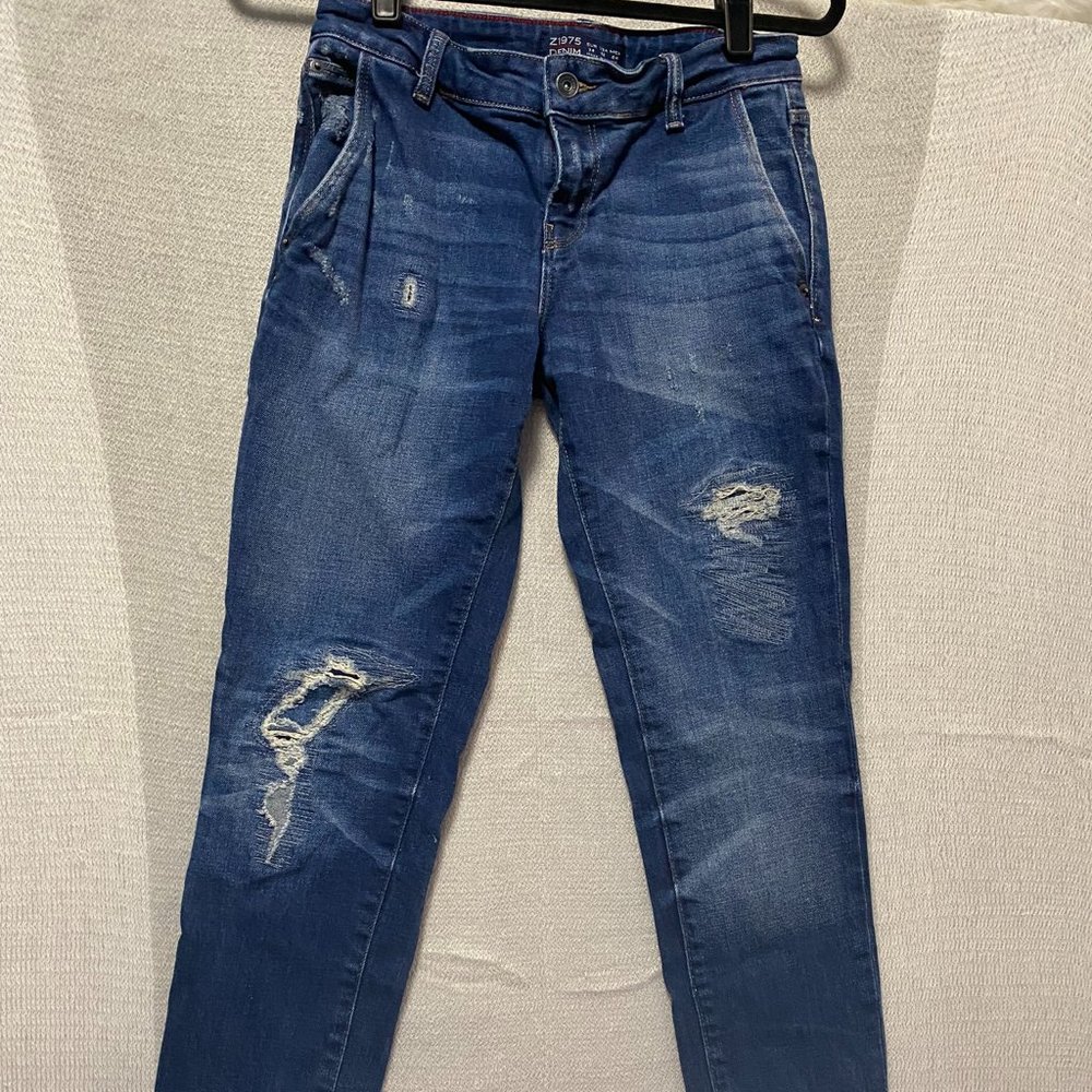Zara Basic Denim Jeans Womens 2 Distressed Straight Skinny Dark Wash Z1975.